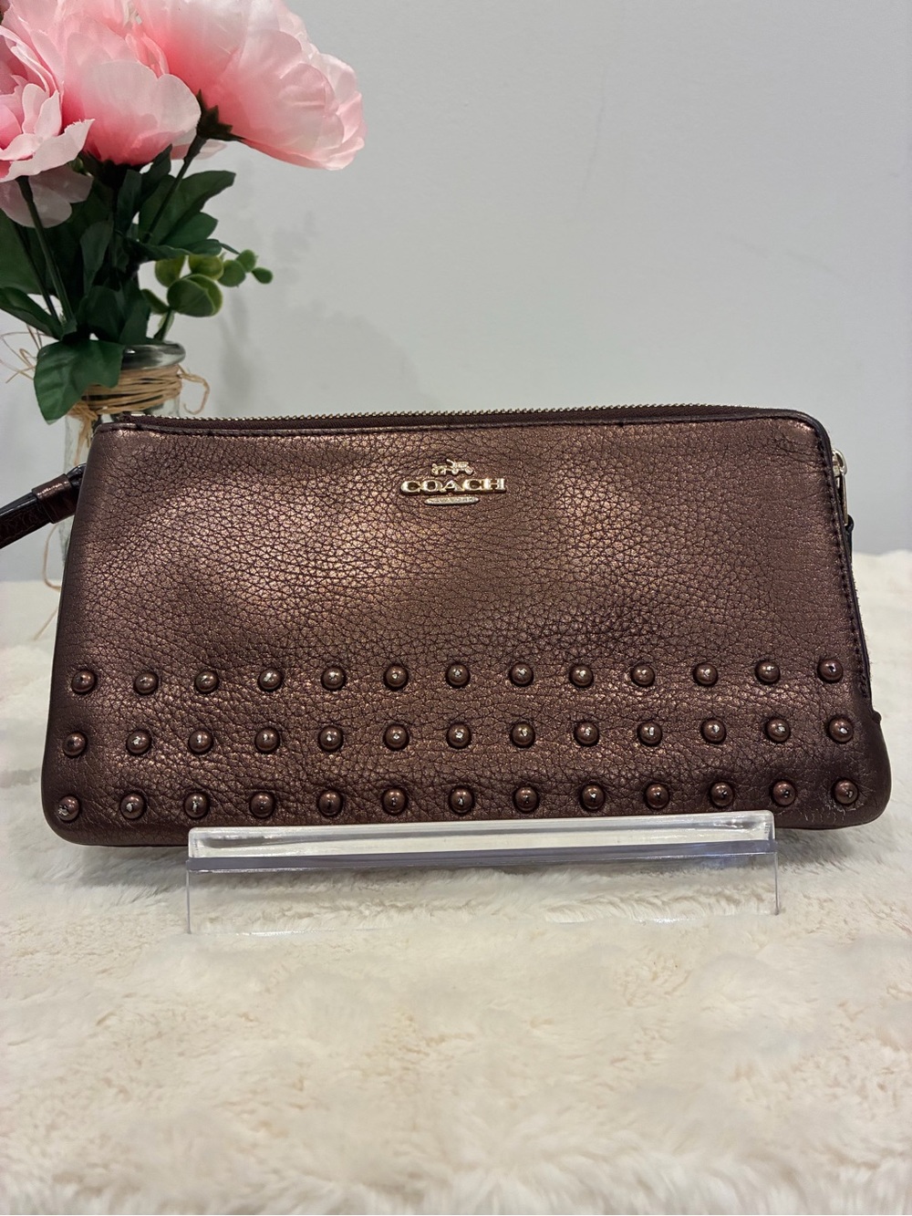 Coach Bronze Metallic Studded Wristlet Clutch